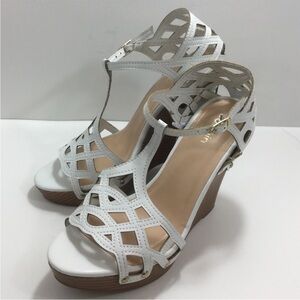 White Cutout Wedge Sandals - Women's Dress Heels, Keefe